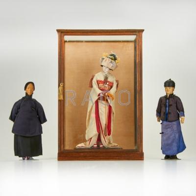 Appraisal: ASIAN Three dolls largest with painted wood face hands and