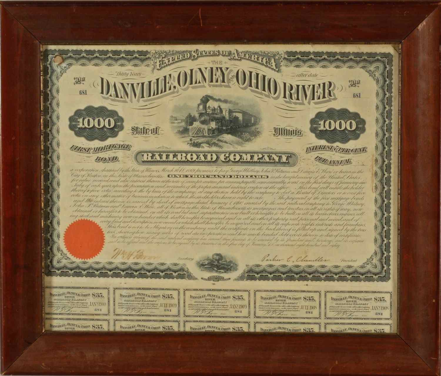 Appraisal: FRAMED RAILROAD BOND CERTIFICATEFor the Danville Olney and Ohio River