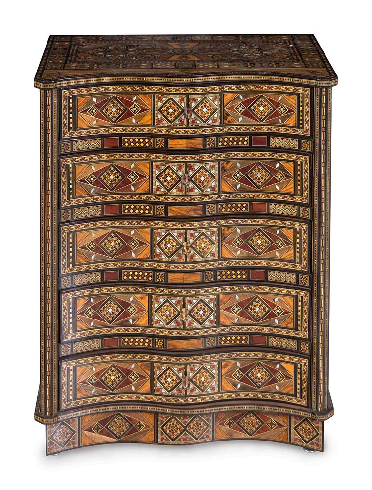 Appraisal: A Syrian Mosaic-Inlaid Chest of Drawers A Syrian Mosaic-Inlaid Chest