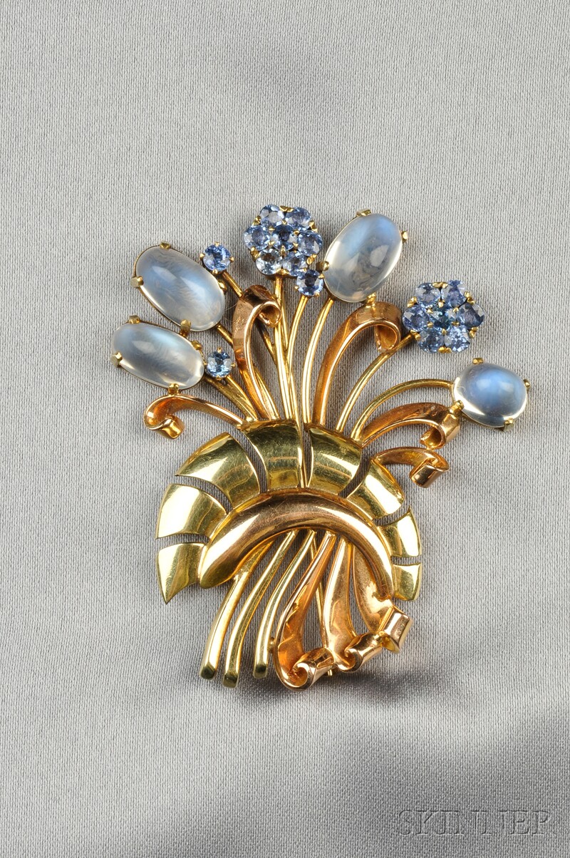 Appraisal: Retro kt Bicolor Gold Moonstone and Sapphire Brooch designed as