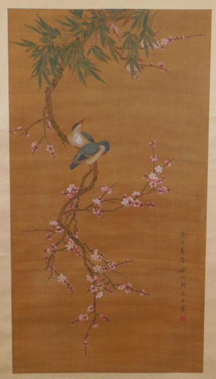 Appraisal: CHINESE SILK SCROLL AVIAN CHERRY BLOSSOM PAINTING China Early th