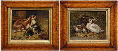 Appraisal: Pair Dutch School paintings ducks and ducklings on shore -