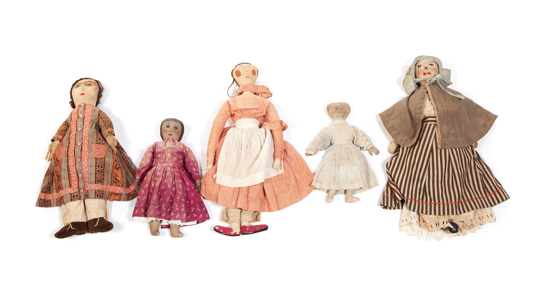 Appraisal: FIVE CLOTH DOLLS American th century One linen faced with