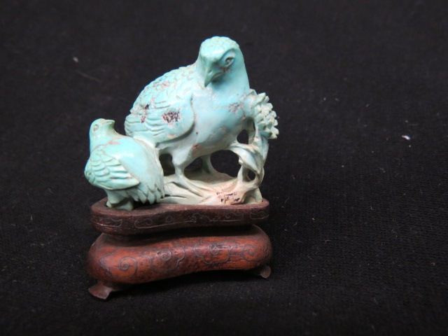 Appraisal: Chinese Carved Turquoise Figurineof bird with her young plus wooden