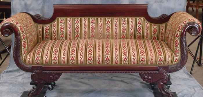 Appraisal: Carved mahogany Federal style sofa in cut velvet upholstery l