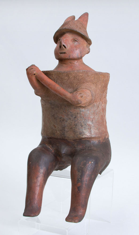 Appraisal: NAYARIT PROTOCLASSICAL RED-GROUND POTTERY SEATED MALE WARRIOR x in Property