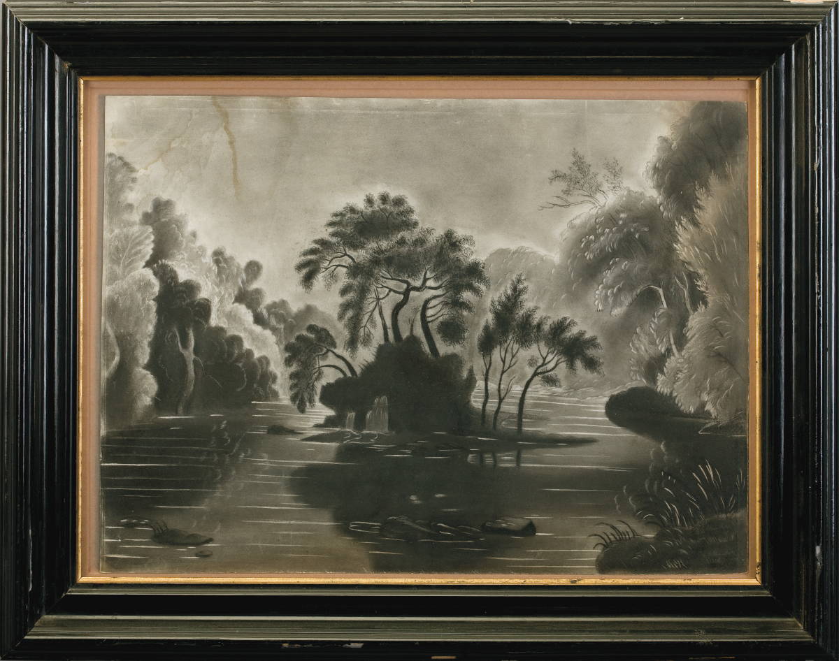 Appraisal: FANCIFUL PAINTING OF A LAKE WITH ISLAND AND WATERFALL IN