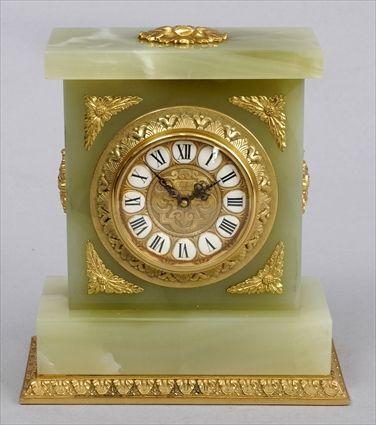 Appraisal: LOUIS XV-STYLE GILT-METAL MOUNTED ONYX CLOCK The Swiss Inhop -jewels