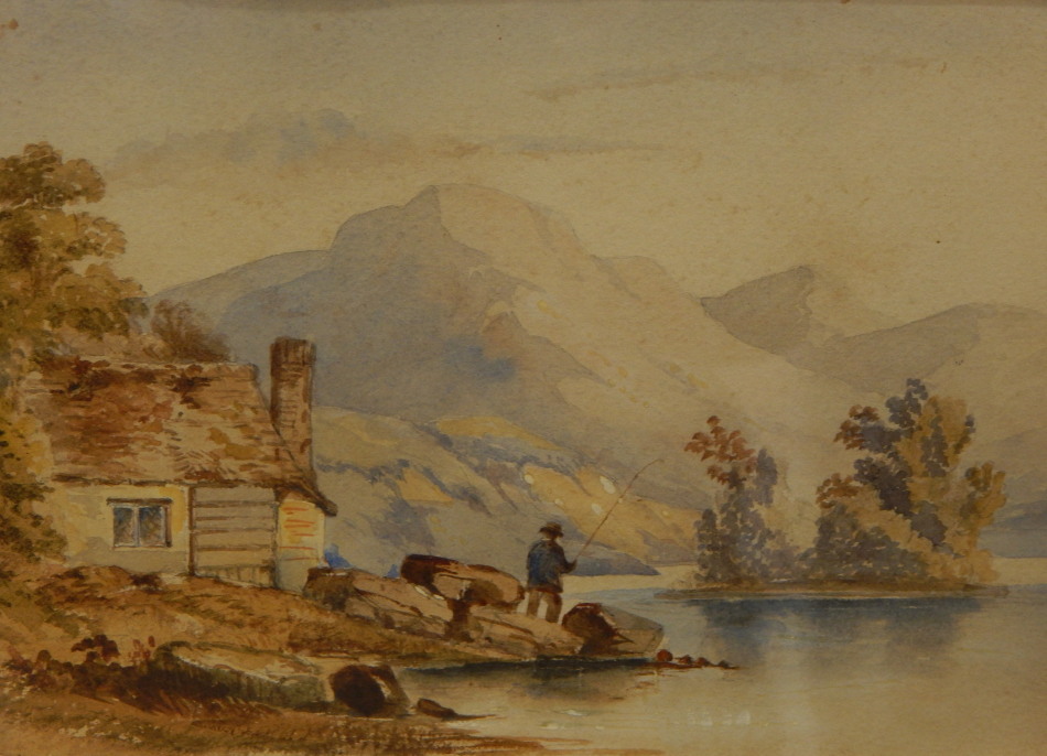 Appraisal: th thC British School River scene with fisherman watercolour cm