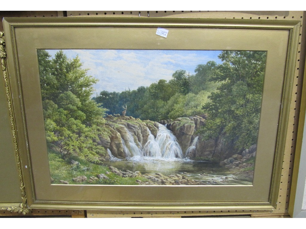 Appraisal: Watercolour landscape with a waterfall and deer signed and dated