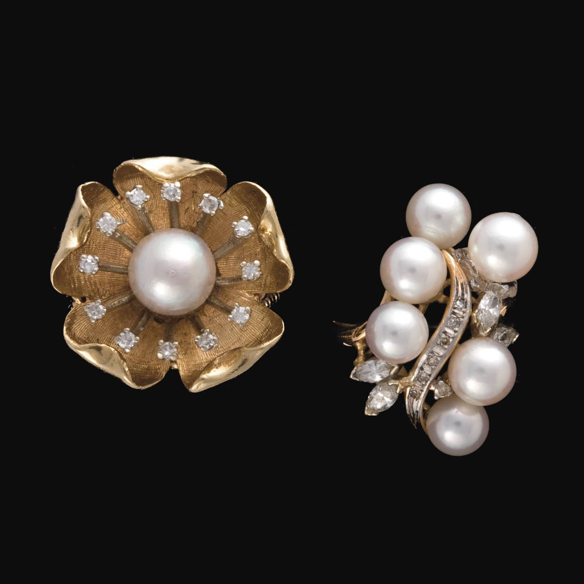 Appraisal: TWO PEARL AND DIAMOND RINGS Clustered pearls with full and