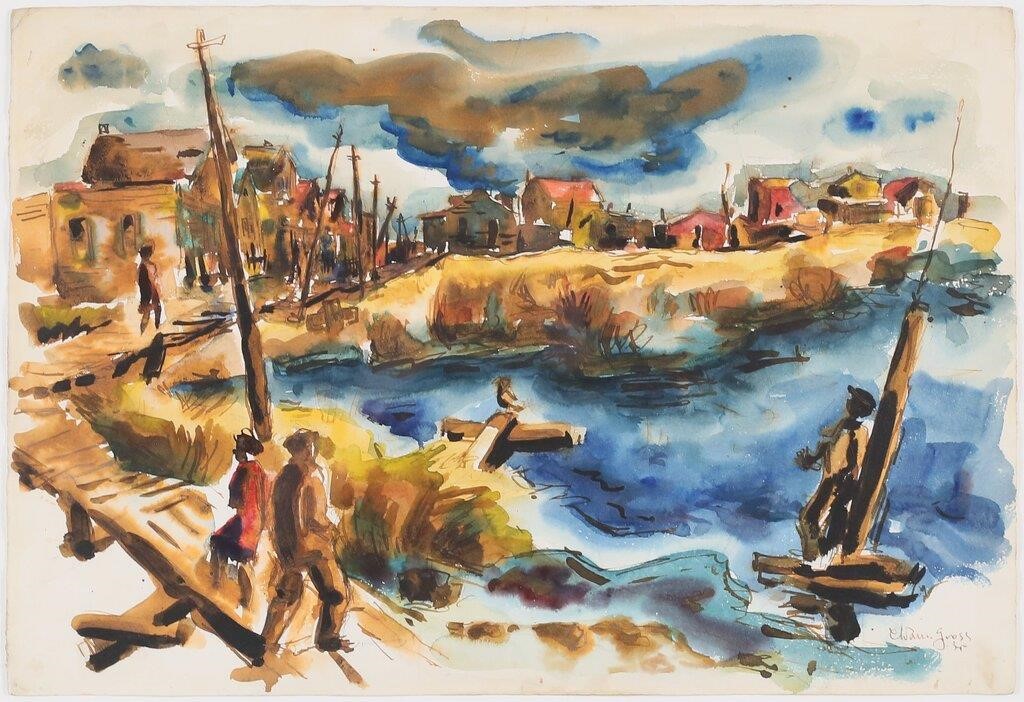 Appraisal: CHAIM GROSS WATERCOLOR VILLAGE SCENEChaim Gross Ukraine American - Watercolor