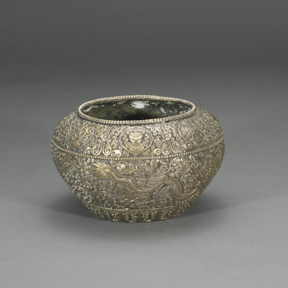 Appraisal: Tibetan White Bronze Alms Bowl The waist with two four-clawed