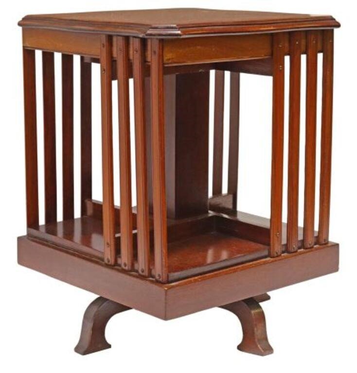 Appraisal: English mahogany tabletop rotating bookstand th c slatted sides rising