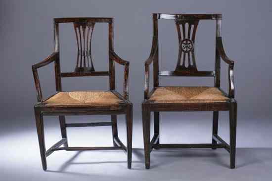 Appraisal: NEAR PAIR ITALIAN NEOCLASSICAL FRUITWOOD OPEN-ARM CHAIRS th century Straight