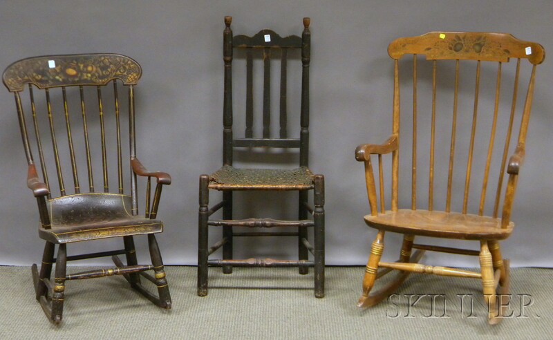 Appraisal: Three Country Chairs a grained and stencil-decorated armrocker a black-painted