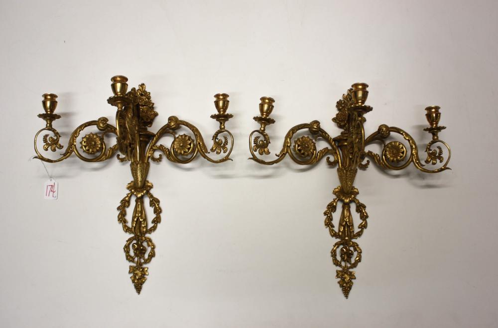 Appraisal: PAIR OF FRENCH GILT BRONZE CANDELABRA WALL SCONCES with three