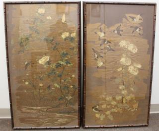 Appraisal: Early Antique Chinese Silk Paintings Sparrows and flowers Possibly th