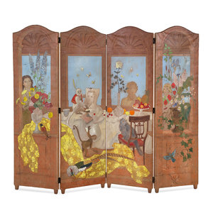 Appraisal: A Painted Canvas Four-Panel Floor Screen by Frederick Arthur Jessup