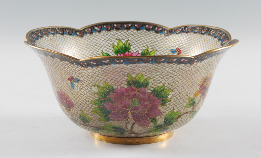 Appraisal: PLIQUE A JOUR BOWL Scalloped and shaped rim polychrome floral