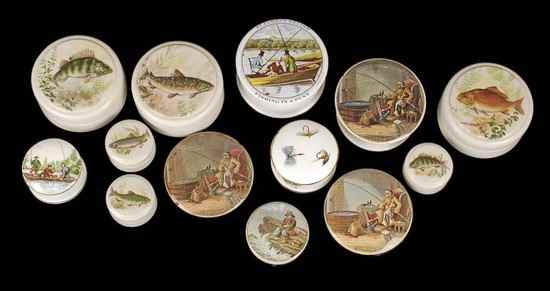 Appraisal: Thirteen various fishing related pot lids four of mid th