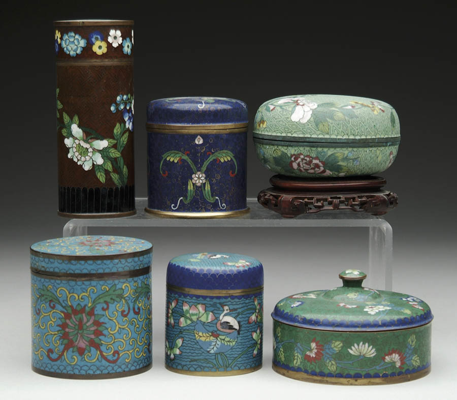 Appraisal: SIX COVERED CLOISONN BOXES h x - w covered jar