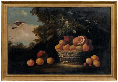 Appraisal: Still life painting basket of pomegranates pears apples with flying