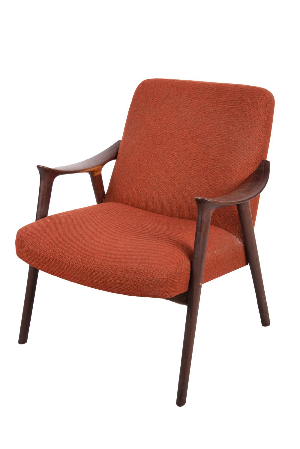 Appraisal: DANISH MODERN UPHOLSTERED LOUNGE CHAIRwith dark orange upholstery inches wide