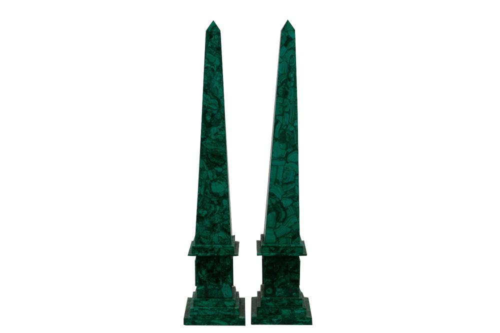 Appraisal: PAIR OF MALACHITE OBELISKS inches high Condition