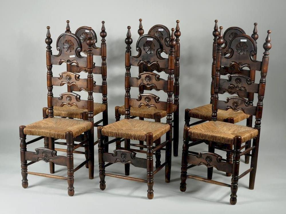 Appraisal: Six Spanish Style Carved Walnut Dining Chairs Set of six