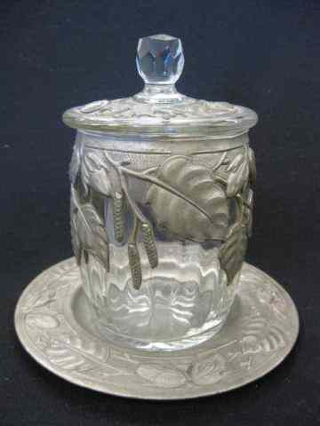 Appraisal: Pewter Crystal Jar overlay floral ornate floral undertray '' circa