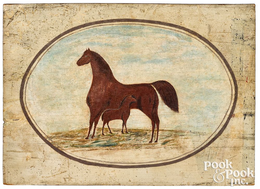 Appraisal: Painted pine panel of a horse and foal th c