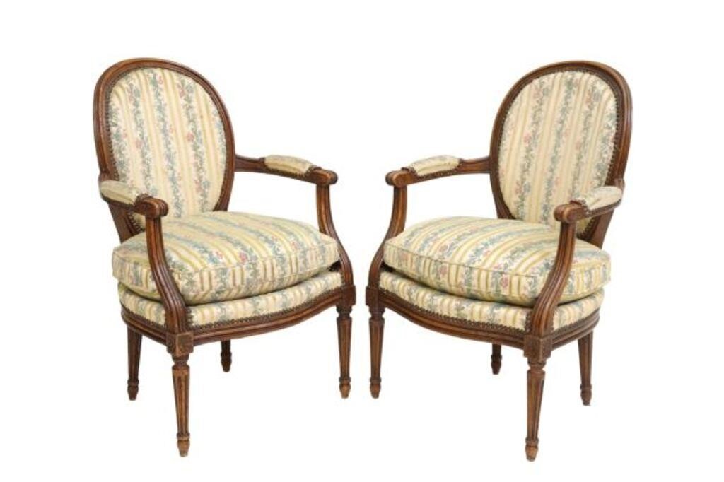 Appraisal: pair French Louis XVI style armchairs th c having round