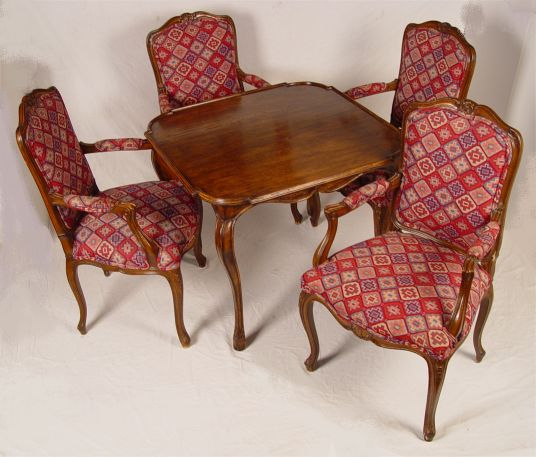 Appraisal: FRENCH GAME TABLE AND CHAIRS Table measures '' high x