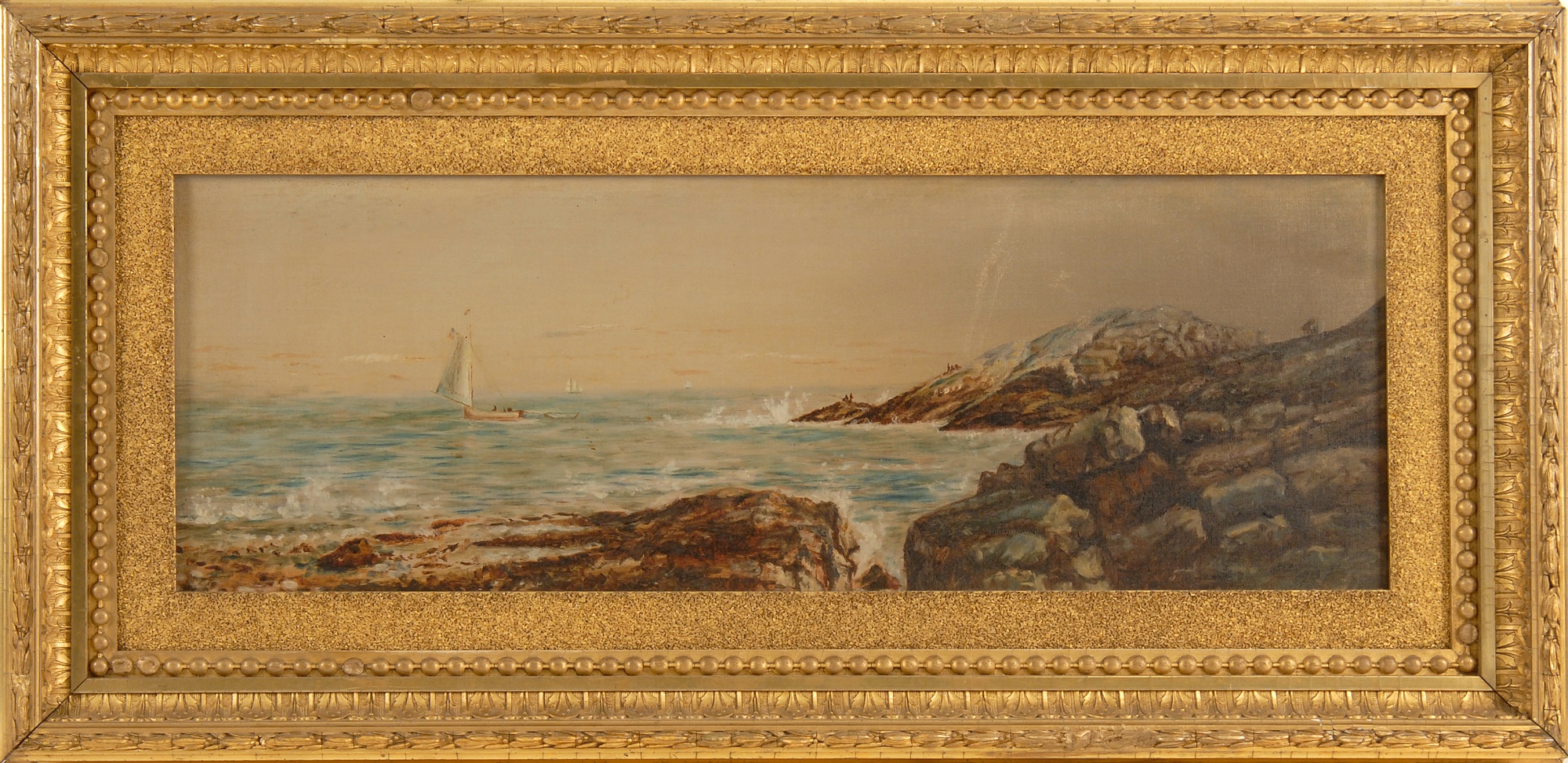 Appraisal: FRAMED PAINTING th CenturySmall sailboat sailing off a rocky coast