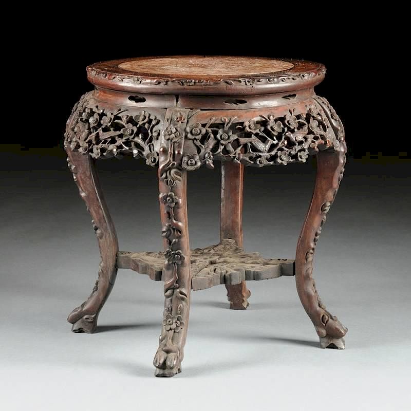 Appraisal: AN ANTIQUE CHINESE MARBLE TOPPED CARVED ROSEWOOD LOW PEDESTAL TABLE