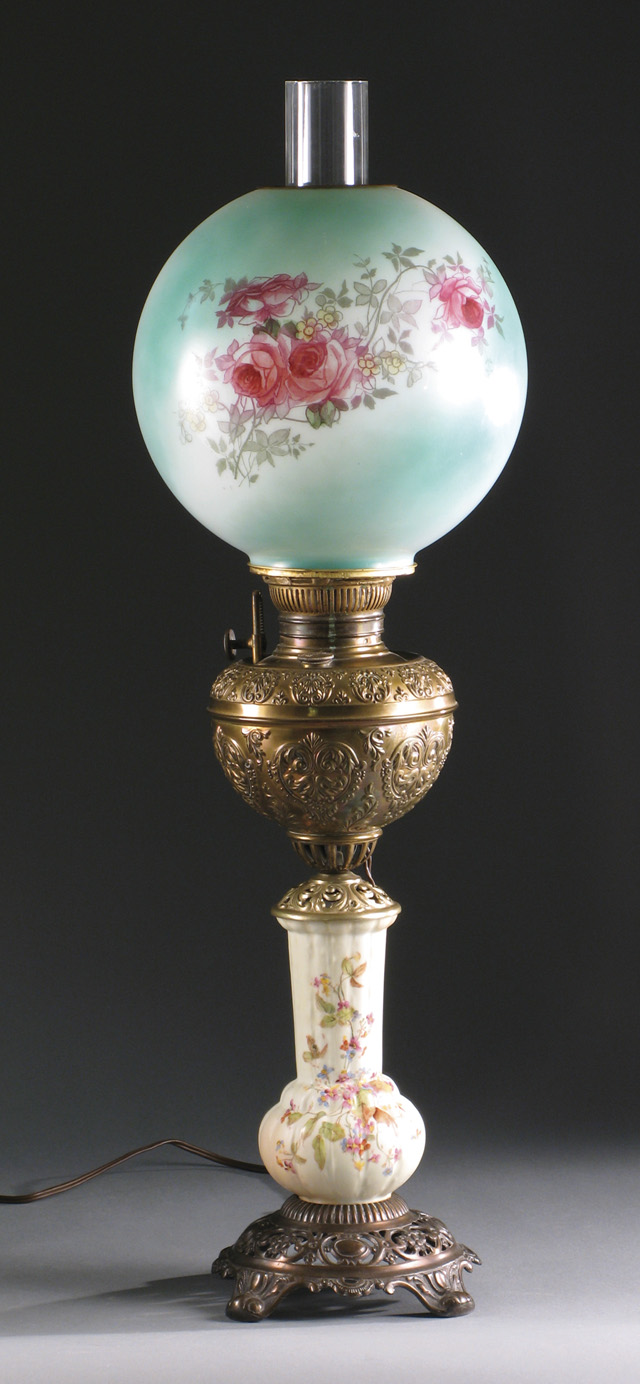 Appraisal: VICTORIAN BANQUET TABLE LAMP porcelain and metal base by Bradley