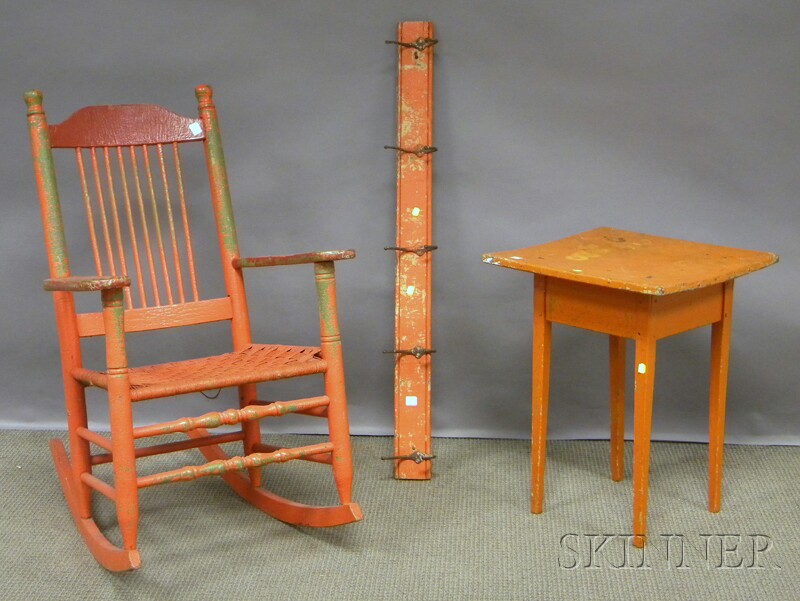 Appraisal: Painted Wooden Porch Armrocker Orange-painted Five-hook Wall Rack and a