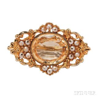 Appraisal: Antique Gold and Topaz Brooch set with an oval-cut topaz