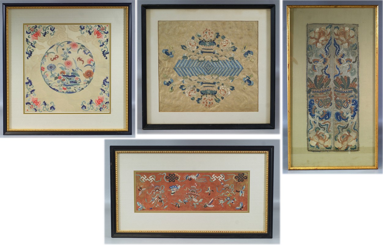 Appraisal: Framed Chinese Embroideries to include a pair of sleeve panels