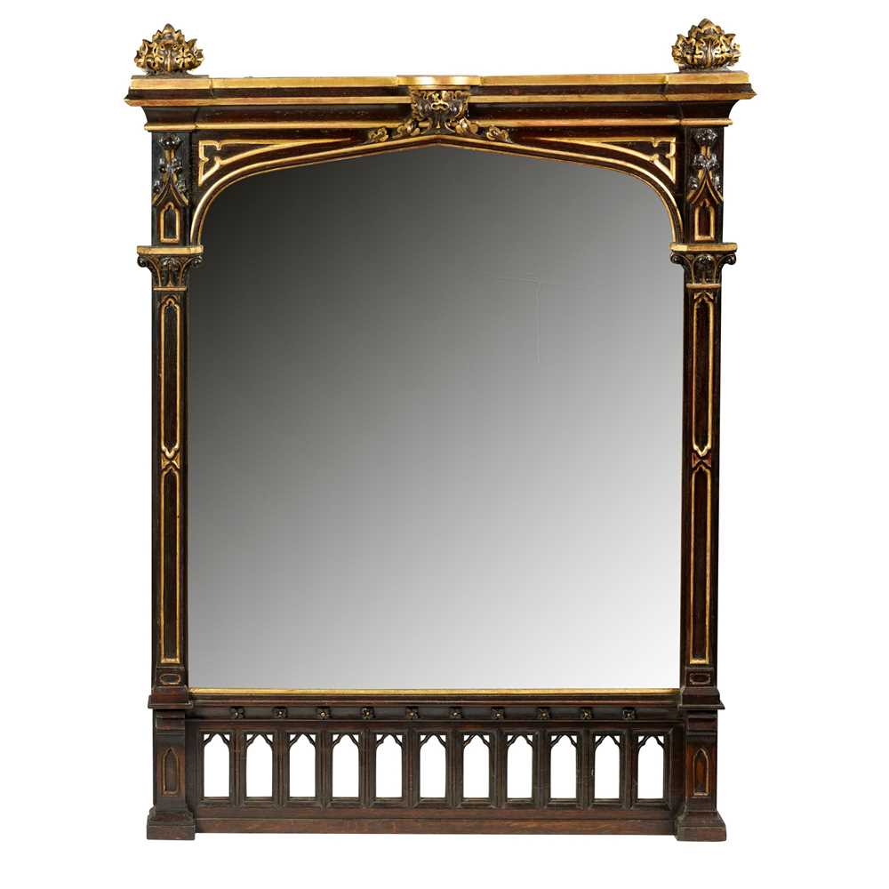 Appraisal: ENGLISH GOTHIC REVIVAL OVERMANTEL MIRROR CIRCA ebonised and gilded wood