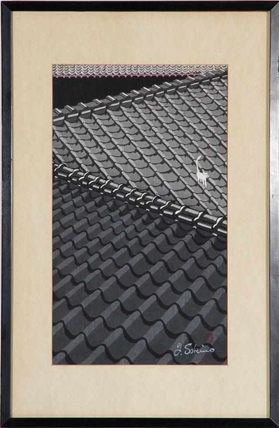 Appraisal: Junichiro Sekino Japanese - CAT ON ROOFTOP woodblock framed signed