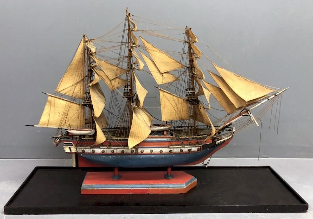 Appraisal: Square Rigged Wood Ship Model Square rigged wood ship model