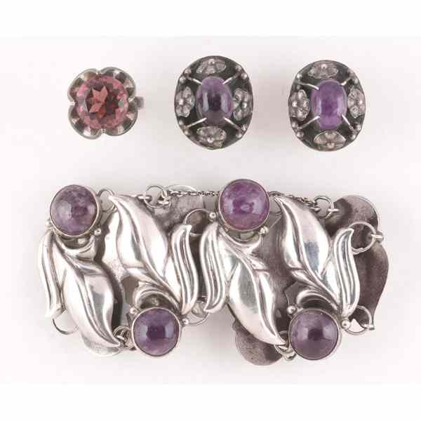 Appraisal: Jose Anton Mexican Silver Grouping with Amethyst Older Mexican silver