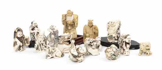 Appraisal: A Collection of Fourteen Ivory Netsuke comprising two children embracing