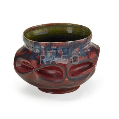 Appraisal: GEORGE OHR - Fine pinched vessel raspberry and multicolor sponged-on