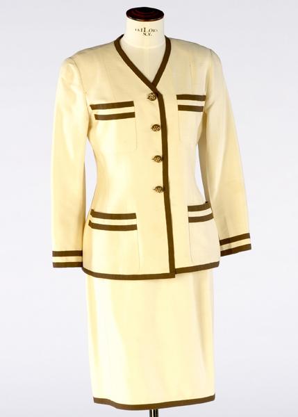 Appraisal: CHANEL Silk day suit in cream with brown grosgrain ribbon