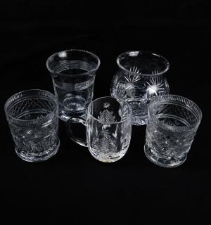 Appraisal: Five Cut Glass Vessels Comprising three crystal vases marked William