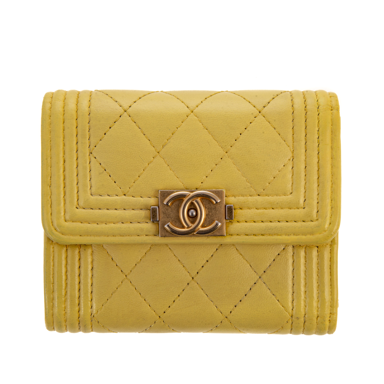 Appraisal: A CHANEL BOY SMALL FLAP WALLET A pastel yellow Lambskin