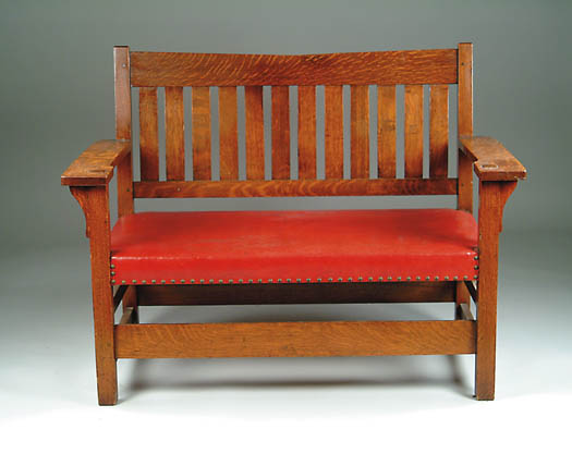 Appraisal: GUSTAV STICKLEY MISSION OAK V-BACK SETTEE Twelve slat back with